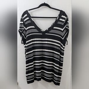 Michel Studio Black and White Striped V-Neck Women's Top
